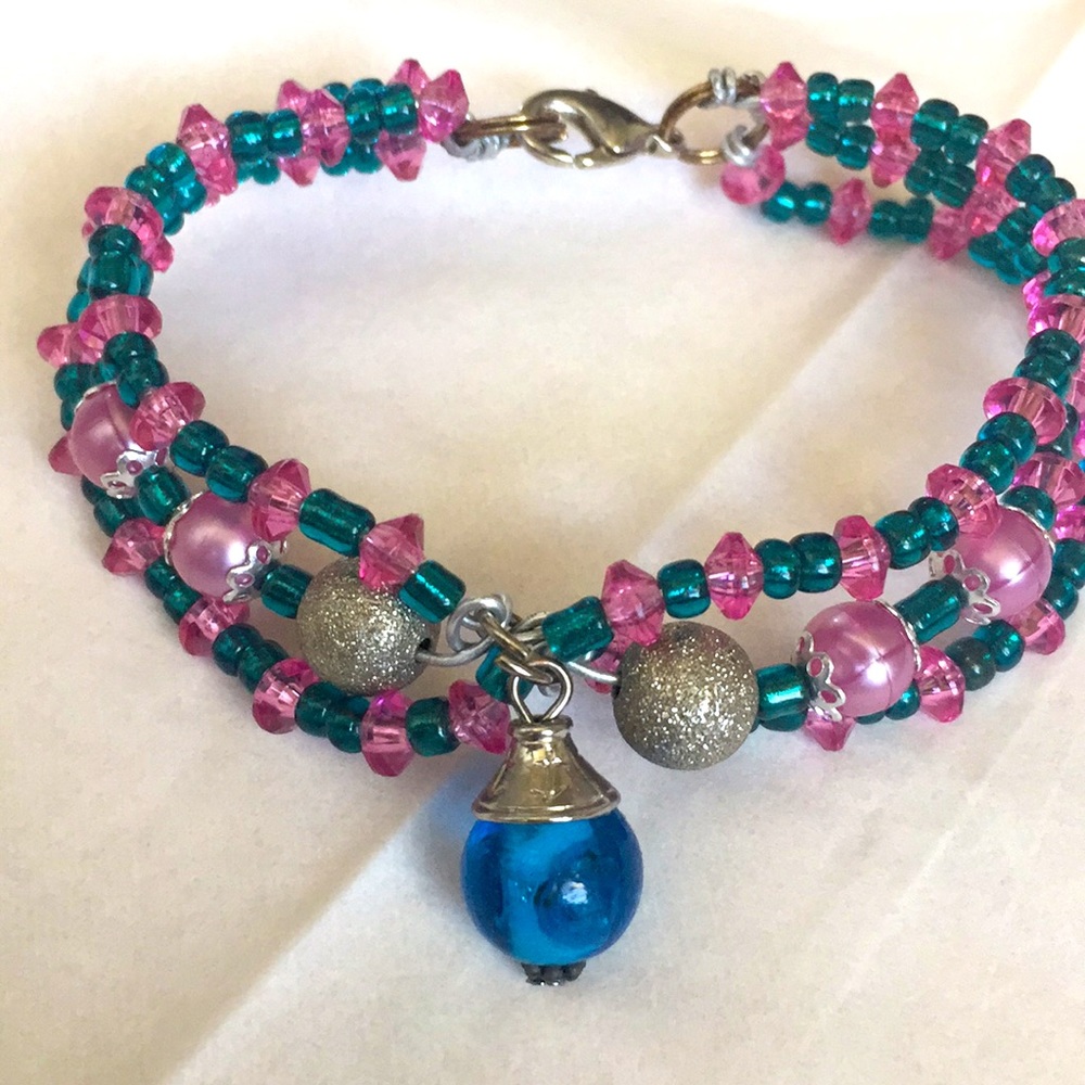 Hand crafted pink,teal&silver bracelet